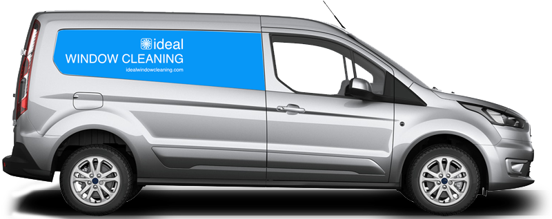 The Ideal Window Cleaning van, liveried in sky blue and white